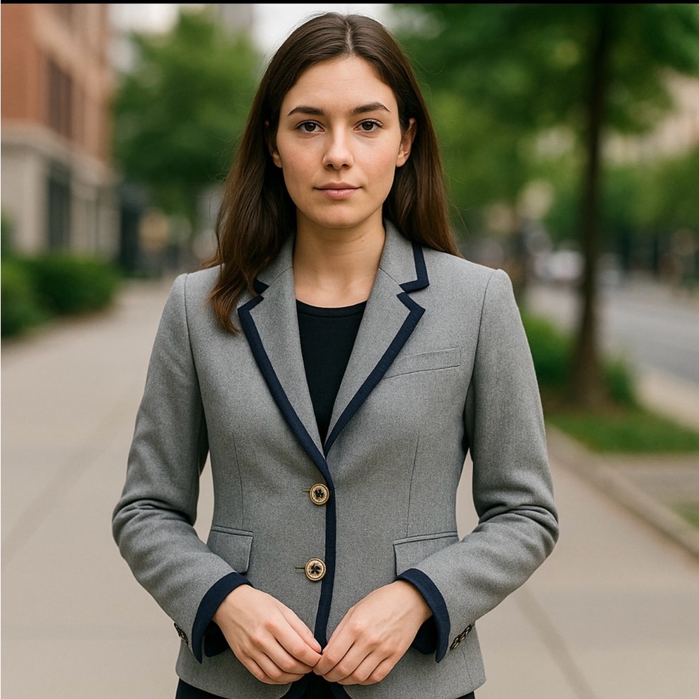 J.Crew Schoolboy Gray Wool Blazer Jacket Size 4 Navy Trim Gold Button Work